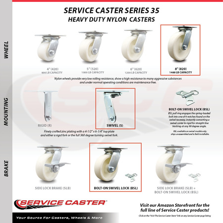 Service Caster 8 Inch Nylon Caster Set with Ball Bearings and Swivel Locks SCC-35S820-NYB-BSL-4